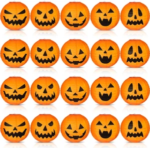 20 Pcs 8 Inch Halloween Pumpkin Paper Lanterns Jack O Lantern | Orange with 5 Spooky Face Expressions, Foldable Design, Hanging Decor for Indoor Outdoor Parties, Yard Porch Decoration 20 Pcs 8 Inch Halloween Pumpkin Paper Lanterns Jack O Lantern | Orange with 5 Spooky Face Expressions, Foldable Design, Hanging Decor for Indoor Outdoor Parties, Yard Porch Decoration