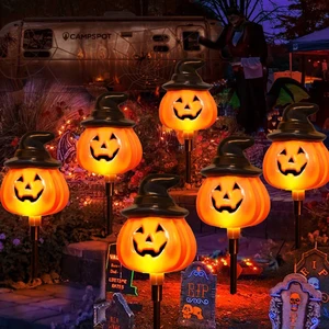 6 Pack Solar Jack O Lantern Stake String Lights - Orange Halloween Pathway Decor for Outdoor Halloween Yard Display 6 Pack Solar Jack O Lantern Stake String Lights - Orange Halloween Pathway Decor for Outdoor Halloween Yard Display