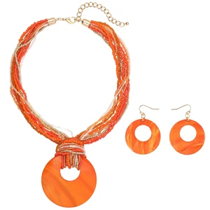 Multi Strand Statement Colorful Beaded Necklace Earrings Set with Big Circle Shell Pendant for Women (N0055-Orange) Multi Strand Statement Colorful Beaded Necklace Earrings Set with Big Circle Shell Pendant for Women (N0055-Orange)