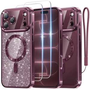 for iPhone 18 Pro Case with 2X Tempered Glass, Burgundy | Compatible with Magsafe, Double Raised Camera Protection, with Glitter Card & Wrist Strap, Metallic-Plated Edge & Clear Back for iPhone 18 Pro Case with 2X Tempered Glass, Burgundy | Compatible with Magsafe, Double Raised Camera Protection, with Glitter Card & Wrist Strap, Metallic-Plated Edge & Clear Back