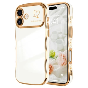 for iPhone 17 Case Cute for Women Girls Wave Shape, White | Luxury Plating Curly Wavy Frame with Love Heart Pattern, Raised Camera Protection Back Cover Shockproof Phone Case for iPhone 17 Case Cute for Women Girls Wave Shape, White | Luxury Plating Curly Wavy Frame with Love Heart Pattern, Raised Camera Protection Back Cover Shockproof Phone Case