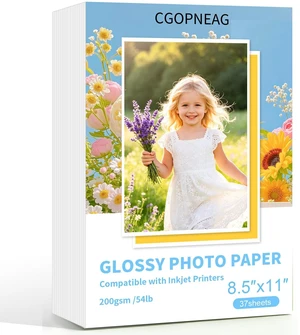 Glossy Photo Paper 8.5 x 11, 37 Sheets Inkjet Printer Photo Paper | Quickdrying & Smudgeresistant; Vibrant Print Colors. Ideal for DIY Projects, Scrapbooking, and Brochures (200gsm/54lb) Glossy Photo Paper 8.5 x 11, 37 Sheets Inkjet Printer Photo Paper | Quickdrying & Smudgeresistant; Vibrant Print Colors. Ideal for DIY Projects, Scrapbooking, and Brochures (200gsm/54lb)