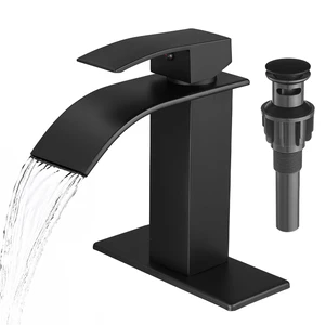 Black Bathroom Faucets, Waterfall 1 Hole Faucet with Deck & Drain | Single-handle lead-free SUS304 faucet | includes pop-up drain, cUPC supply hoses and 6 in deck plate for 1 or 3-hole sinks Black Bathroom Faucets, Waterfall 1 Hole Faucet with Deck & Drain | Single-handle lead-free SUS304 faucet | includes pop-up drain, cUPC supply hoses and 6 in deck plate for 1 or 3-hole sinks
