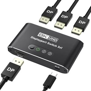 DisplayPort Switch 3 in 1 Out 8K@60Hz, DP Switcher Connects 3 PCs to 1 Monitor, DisplayPort 1.4 Selector 3x1, Manual Button Switcher for Desktop/GPU/Laptop Direct Connection Only (No Dock/KVM) DisplayPort Switch 3 in 1 Out 8K@60Hz, DP Switcher Connects 3 PCs to 1 Monitor, DisplayPort 1.4 Selector 3x1, Manual Button Switcher for Desktop/GPU/Laptop Direct Connection Only (No Dock/KVM)