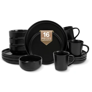 16-Piece Ceramic Dinnerware Sets with Mugs for 4, Black Plates and Bowls Set with Classic Design, Scratch Resistant Dishes Set, Dishwasher & Microwave Safe 16-Piece Ceramic Dinnerware Sets with Mugs for 4, Black Plates and Bowls Set with Classic Design, Scratch Resistant Dishes Set, Dishwasher & Microwave Safe