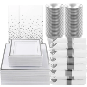 352Pcs Silver Square Plastic Plates with Silver Trim for 50 Guests
Silver Dinnerware Sets Include 100 Plastic Plates, 50 Rolled Napkins, 50 Cups, 50 Cutlery Sets and 2 Tablecloths for Party 352Pcs Silver Square Plastic Plates with Silver Trim for 50 Guests
Silver Dinnerware Sets Include 100 Plastic Plates, 50 Rolled Napkins, 50 Cups, 50 Cutlery Sets and 2 Tablecloths for Party