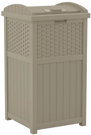 Suncast Resin Wicker Hideaway Outdoor Trash Can with Latching Lid, Dark Taupe Suncast Resin Wicker Hideaway Outdoor Trash Can with Latching Lid, Dark Taupe