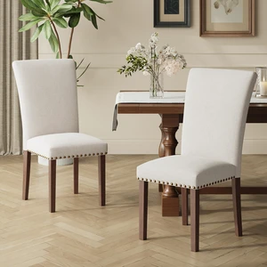 pholstered Parsons Dining Chairs Set of 2, Fabric Dining Room Kitchen Side Chair with Nailhead Trim and Wood Legs - Beige pholstered Parsons Dining Chairs Set of 2, Fabric Dining Room Kitchen Side Chair with Nailhead Trim and Wood Legs - Beige