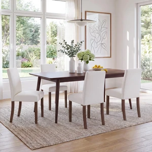 Modern Dining Chairs Set of 4, Upholstered Kitchen Chairs with High Back, Padded Fabric Dining Room Chair with Solid Wood Legs for Restaurant/Cafe/Home, Light Beige Modern Dining Chairs Set of 4, Upholstered Kitchen Chairs with High Back, Padded Fabric Dining Room Chair with Solid Wood Legs for Restaurant/Cafe/Home, Light Beige