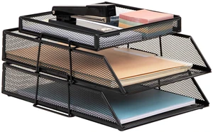 eader 2 Tier Paper Tray with Top Supply Compartment, Desktop File Organizer, Metal Mesh, Black eader 2 Tier Paper Tray with Top Supply Compartment, Desktop File Organizer, Metal Mesh, Black
