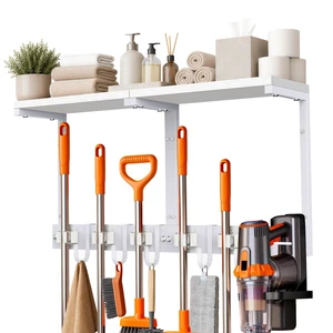 Large Broom Holder Wall Mount with Shelf, Vacuum Organizer, 5 Slots 5 Hooks
White, 3-In-1 Wall Mount Stores Brooms/Mops/Vacuum, Cleaning Supplies With 5 Grippers/5 Hooks And A Sturdy Wooden Top Shelf Large Broom Holder Wall Mount with Shelf, Vacuum Organizer, 5 Slots 5 Hooks
White, 3-In-1 Wall Mount Stores Brooms/Mops/Vacuum, Cleaning Supplies With 5 Grippers/5 Hooks And A Sturdy Wooden Top Shelf