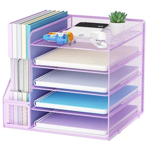Desk Organizers and Accessories, 5-Tier Paper Letter Tray Organizer with File Holder, Mesh File Organizer, Office Desk Accessories & Organization for Supplies (Purple) Desk Organizers and Accessories, 5-Tier Paper Letter Tray Organizer with File Holder, Mesh File Organizer, Office Desk Accessories & Organization for Supplies (Purple)