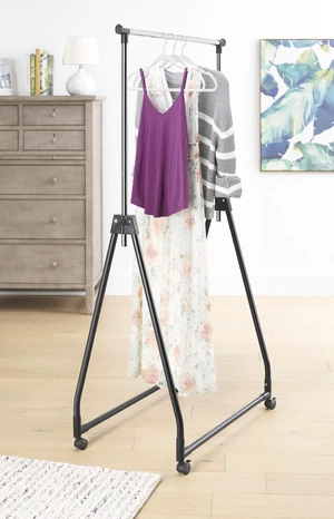 Folding Garment Rack - Rolling Clothes Hanger - Adjustable Height - Black Folding Garment Rack - Rolling Clothes Hanger - Adjustable Height - Black