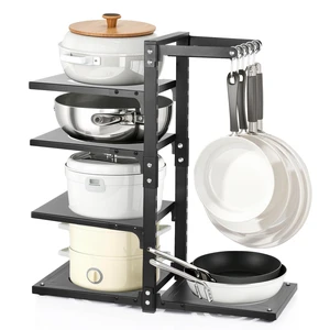 4-Tier Pot and Pan Organizer Rack, Adjustable Kitchen Cabinet Storage with Hooks, Black Metal, Space-Saving Cookware Holder 4-Tier Pot and Pan Organizer Rack, Adjustable Kitchen Cabinet Storage with Hooks, Black Metal, Space-Saving Cookware Holder