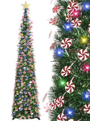 6 FT Pop Up Tinsel Christmas Tree with 100 Colored Timer Lights & Remote, Green Candy Collapsible Artificial Pencil Tree Xmas Decoration for Home, Office, Party, USB Powered, Easy Assembly 6 FT Pop Up Tinsel Christmas Tree with 100 Colored Timer Lights & Remote, Green Candy Collapsible Artificial Pencil Tree Xmas Decoration for Home, Office, Party, USB Powered, Easy Assembly