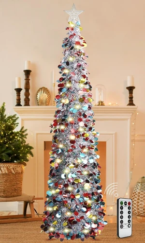 5FT Pop Up Christmas Tinsel Tree with 8 Rmote Lights Modes - Collapsible Colorful Sequin Artificial Christmas Pencil Trees Decorations for Home Apartment Party Fireplace Indoor Outdoor 5FT Pop Up Christmas Tinsel Tree with 8 Rmote Lights Modes - Collapsible Colorful Sequin Artificial Christmas Pencil Trees Decorations for Home Apartment Party Fireplace Indoor Outdoor