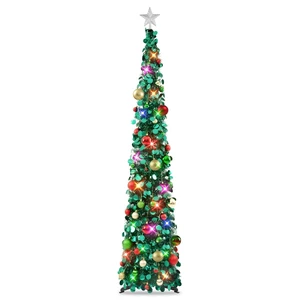 NIETING Pop Up Christmas Tree with Lights & 40 Balls, 6Ft Collapsible Green Tinsel Tree Decorations, Skinny Christmas Tree for Holiday Home Office Decor, Green NIETING Pop Up Christmas Tree with Lights & 40 Balls, 6Ft Collapsible Green Tinsel Tree Decorations, Skinny Christmas Tree for Holiday Home Office Decor, Green