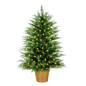 3FT Prelit Artificial Cedar Christmas Tree with 90LED Lights Plug in Power, Faux Cedar Potted Christmas Tree in Decorative Wicker Basket, Realistic Indoor Outdoor Holiday Decoration 3FT Prelit Artificial Cedar Christmas Tree with 90LED Lights Plug in Power, Faux Cedar Potted Christmas Tree in Decorative Wicker Basket, Realistic Indoor Outdoor Holiday Decoration