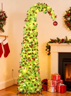 5 FT Whimsical Pop Up Christmas Tree with Timer Lights, Lime Green Christmas Tinsel Tree Collapsible Artificial Curved Pencil Tree for Indoor Home Apartment Porch Holiday Party Decorations 5 FT Whimsical Pop Up Christmas Tree with Timer Lights, Lime Green Christmas Tinsel Tree Collapsible Artificial Curved Pencil Tree for Indoor Home Apartment Porch Holiday Party Decorations