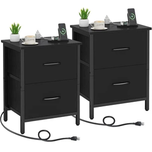 Nightstand Set of 2 with Charging Station, End Table Bedside Table with Power Outlet & USB Ports, Side Table with 2 Fabric Drawers for Bedroom, Living Room, Black Nightstand Set of 2 with Charging Station, End Table Bedside Table with Power Outlet & USB Ports, Side Table with 2 Fabric Drawers for Bedroom, Living Room, Black