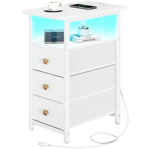 Table with Charging Station, LED Narrow Side Table Bedside Table, Small Night Stand End Tables Living Room, Skinny Nightstand with 3 Fabric Drawers, Side Tables Bedroom for Small Spaces Table with Charging Station, LED Narrow Side Table Bedside Table, Small Night Stand End Tables Living Room, Skinny Nightstand with 3 Fabric Drawers, Side Tables Bedroom for Small Spaces