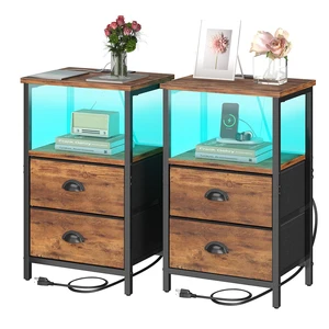 Rustic Brown Industrial Nightstand Set of 2, Bedside Table with 2 Fabric Drawers, 3-Tier Storage, LED Light, Charging Station, 11.38''D * 15.38''W* 24.75''H Rustic Brown Industrial Nightstand Set of 2, Bedside Table with 2 Fabric Drawers, 3-Tier Storage, LED Light, Charging Station, 11.38''D * 15.38''W* 24.75''H