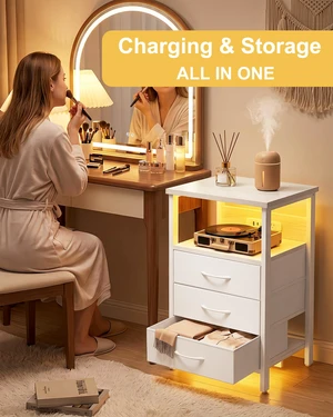 White Led Nightstand with Dynamic RGB Color Ambient Light
3 fabric drawers, rear charging station, 2 AC outlets 1 USB port 1 type-c port, upgrade bedroom ambiance, rainbow room decor White Led Nightstand with Dynamic RGB Color Ambient Light
3 fabric drawers, rear charging station, 2 AC outlets 1 USB port 1 type-c port, upgrade bedroom ambiance, rainbow room decor