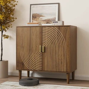 Smuxee Walnut Sideboard Cabinet, Freestanding Buffet Cabinet with Line Groove Design, Wood Storage Cabinet with Adjustable Shelf for Living Room, Entryway, Hallway Smuxee Walnut Sideboard Cabinet, Freestanding Buffet Cabinet with Line Groove Design, Wood Storage Cabinet with Adjustable Shelf for Living Room, Entryway, Hallway