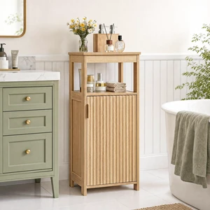 Bathroom Cabinet, Freestanding Bathroom Storage Cabinet with Door and Shelves, Small Floor Storage Cabinet, Narrow Bathroom Table, Fluted Door, Gold Handle, for Bathroom, Living Room, Natural Bathroom Cabinet, Freestanding Bathroom Storage Cabinet with Door and Shelves, Small Floor Storage Cabinet, Narrow Bathroom Table, Fluted Door, Gold Handle, for Bathroom, Living Room, Natural
