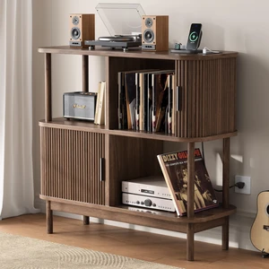 40" Large Record Player Stand with Charging Station, Mid Century Modern Turntable Cabinet with Sliding Doors, Wood Vinyl Record Storage Stand for Living Room Music Corner 40" Large Record Player Stand with Charging Station, Mid Century Modern Turntable Cabinet with Sliding Doors, Wood Vinyl Record Storage Stand for Living Room Music Corner
