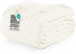 100% Cotton Waffle Blanket Queen Size Ivory, 90x90 Inch 100% Cotton Waffle Blanket Queen Size Ivory, 90x90 Inch