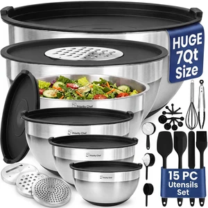 6Pc Stainless Steel Mixing Bowls with Lids Set, Huge 7 Qrt Size Metal Bowl Set for Kitchen, 3 Graters, Non-Slip Bases & Silicone Utensils Set, Black 6Pc Stainless Steel Mixing Bowls with Lids Set, Huge 7 Qrt Size Metal Bowl Set for Kitchen, 3 Graters, Non-Slip Bases & Silicone Utensils Set, Black