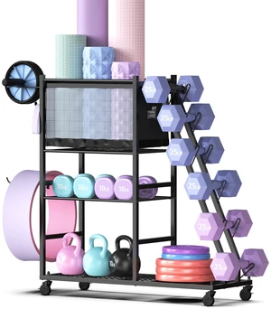 Dumbbell Rack with Yoga Mat Holder and Wheels for Home Gym
Features a side dumbbell rack, yoga mat basket, shelves and hooks for kettlebells, weight plates, foam rollers and gym gear Dumbbell Rack with Yoga Mat Holder and Wheels for Home Gym
Features a side dumbbell rack, yoga mat basket, shelves and hooks for kettlebells, weight plates, foam rollers and gym gear