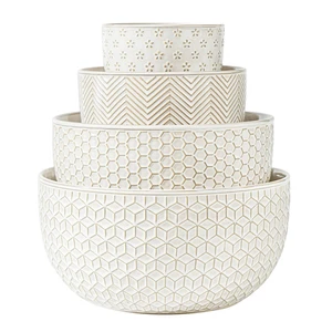 eramic Mixing Bowls, Embossed Nesting Bowls Set of 4, Mixing Bowl Set for Serving, Baking, Cooking and Gift, Microwave and Dishwasher Safe, 20/47/99/148 oz, Off-White eramic Mixing Bowls, Embossed Nesting Bowls Set of 4, Mixing Bowl Set for Serving, Baking, Cooking and Gift, Microwave and Dishwasher Safe, 20/47/99/148 oz, Off-White