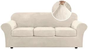 Modern Velvet Plush 4 Piece High Stretch Sofa Slipcover Furniture Protector Form Fit Luxury Thick Sofa Cover for 3 Cushion Couch, Machine Washable Width Up to 90 Inch(Sofa,Ivory) Modern Velvet Plush 4 Piece High Stretch Sofa Slipcover Furniture Protector Form Fit Luxury Thick Sofa Cover for 3 Cushion Couch, Machine Washable Width Up to 90 Inch(Sofa,Ivory)