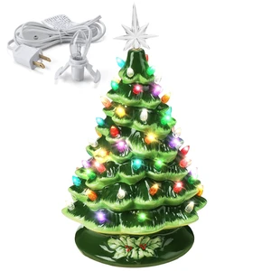 15 Inch Ceramic Christmas Tree with 66 Multicolored Lights Hand Painted Tabletop Christmas Tree Vintage Xmas Decorations for Table Desk Countertop Mantel Home Office(Green)