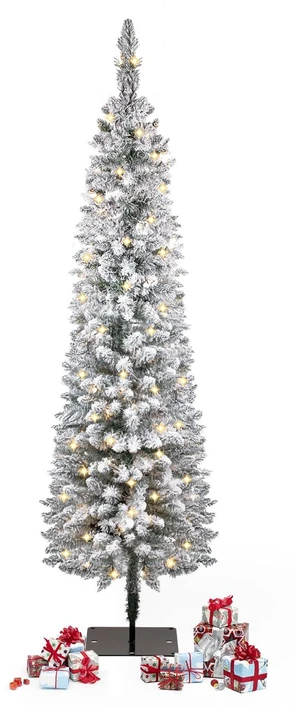 5ft Snow Flocked Christmas Tree Pre-Lit with Warm Lights, White Frosted Pencil Noble Fir, Lighted Slim Artificial Xmas Tree Metal Stand, Premium Holiday Decoration UL Listed 5ft Snow Flocked Christmas Tree Pre-Lit with Warm Lights, White Frosted Pencil Noble Fir, Lighted Slim Artificial Xmas Tree Metal Stand, Premium Holiday Decoration UL Listed