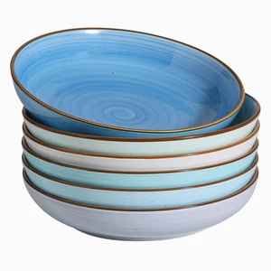 8.5'' Pasta Bowls Set of 6, 30 oz Ceramic Shallow Salad Bowls, Large Serving Soup Bowls Pasta Plates, Microwave & Dishwasher Safe Dinnerware Valentine's Day Gift, Gradient Blue 8.5'' Pasta Bowls Set of 6, 30 oz Ceramic Shallow Salad Bowls, Large Serving Soup Bowls Pasta Plates, Microwave & Dishwasher Safe Dinnerware Valentine's Day Gift, Gradient Blue