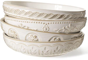 Pasta Bowls, 50oz Large Salad Serving Bowls, 9.75'' Plates Bowls Set of 4, Big White Ceramic Soup Bowls for Kitchen, Embossment Shallow Dinner Bowl, Microwave Dishwasher Safe, Multiple Patterns Pasta Bowls, 50oz Large Salad Serving Bowls, 9.75'' Plates Bowls Set of 4, Big White Ceramic Soup Bowls for Kitchen, Embossment Shallow Dinner Bowl, Microwave Dishwasher Safe, Multiple Patterns