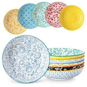 8.5" Pasta Bowls Set of 6, 40 oz Porcelain Shallow Salad Bowls, Serving Bowls Large Kitchen Bowl Plates Pasta Dishes Plates, Colorful Floral Design, Microwave Safe, Series SELENE 8.5" Pasta Bowls Set of 6, 40 oz Porcelain Shallow Salad Bowls, Serving Bowls Large Kitchen Bowl Plates Pasta Dishes Plates, Colorful Floral Design, Microwave Safe, Series SELENE