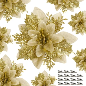 15 PCS Gold Poinsettia Flower Artificial Poinsettia With Clips Christmas Decor Glitter Poinsettia Christmas Ornaments Christmas Tree Flower Decorations with Stems DIY Xmas Wreath Holiday Party