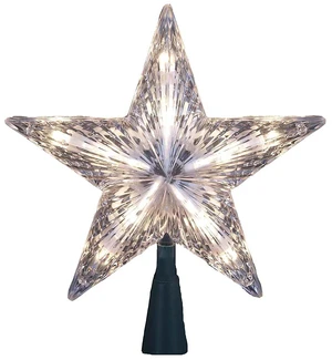 Star Treetop 10-Light Set, 7-Inch, Clear
Multifaceted Clear Finish, 10 Clear Lights, 5-Point Star Design, 30in Lead Wire, Cone Base, Spare Bulbs & Fuse Star Treetop 10-Light Set, 7-Inch, Clear
Multifaceted Clear Finish, 10 Clear Lights, 5-Point Star Design, 30in Lead Wire, Cone Base, Spare Bulbs & Fuse