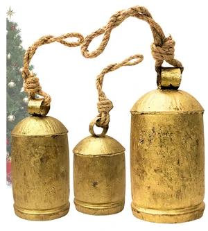 Decorative Cow Bells Set of 3 Large Harmony Bells - Vintage Giant Christmas Bells, Country Rustic Cowbell on Jute Rope XL Hanging Lucky Golden Bells (4"-6"-8") Decorative Cow Bells Set of 3 Large Harmony Bells - Vintage Giant Christmas Bells, Country Rustic Cowbell on Jute Rope XL Hanging Lucky Golden Bells (4"-6"-8")