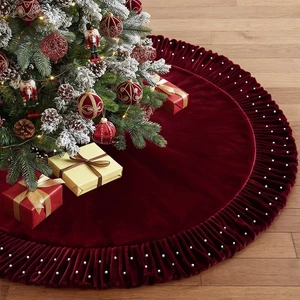 60 Inch Christmas Tree Skirt, Ruffled Red Velvet Tree Skirt with Pearl Trim 60 Inch Christmas Tree Skirt, Ruffled Red Velvet Tree Skirt with Pearl Trim