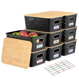 8 Pack Plastic Storage Bins with Bamboo Lids, 5.2 QT Stackable Bins 8 Pack Plastic Storage Bins with Bamboo Lids, 5.2 QT Stackable Bins