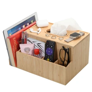 Bamboo Tissue Box Holder & Tablet Stand Organizer for Bedroom & Desktop; compartments hold iPad Phones Remote Controls Reading Glasses Notepads & Pens Bamboo Tissue Box Holder & Tablet Stand Organizer for Bedroom & Desktop; compartments hold iPad Phones Remote Controls Reading Glasses Notepads & Pens