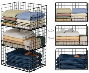 3-Tier Stackable Closet Organizers and Storage Shelves, Foldable Closet Shelf Organizer, Stackable Storage Bins Drawers for Closet Organizer System, Black