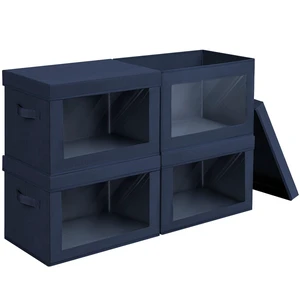 Stackable Storage Bins with Lids - Large Storage Box with Lids, Foldable Closet Boxes for Organizing, Wardrobe Clothes Organizer with Window, Cubes Bins for Living Room, 4 Pack, Navy Blue Stackable Storage Bins with Lids - Large Storage Box with Lids, Foldable Closet Boxes for Organizing, Wardrobe Clothes Organizer with Window, Cubes Bins for Living Room, 4 Pack, Navy Blue