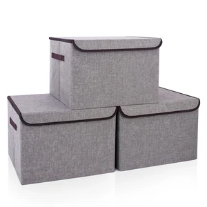 Large 17" 42 Quarts Collapsible Stackable Storage Bins with Lids [3-Pack] Foldable Fabric Linen Storage Boxes Cube, Closet Organizer Baskets with Label for Home (16.7 x 12 x 12, Gray)