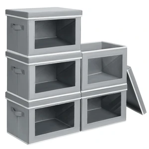 Stackable Storage Bins with Lids - Medium Storage Box with Lids, Foldable Closet Boxes for Organizing, Wardrobe Clothes Organizer with Window, Cubes Bins for Living Room, 5 Pack, Grey Stackable Storage Bins with Lids - Medium Storage Box with Lids, Foldable Closet Boxes for Organizing, Wardrobe Clothes Organizer with Window, Cubes Bins for Living Room, 5 Pack, Grey